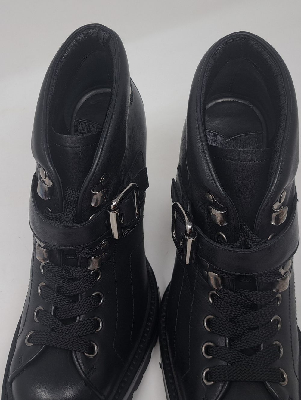Miu Miu Ankle Combat Boots Moto Black Leather Steel Buckle Block Heels 35.5 IT - Picture 9 of 16